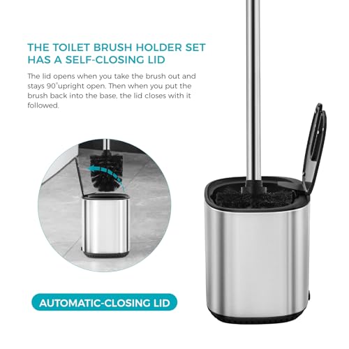 Toilet Brush Holder Set Toilet Bowl Brush Stainless Steel Automatic Open lid Toilet Bowl Cleaner Brush with Durable Bristle Head Toilet Cleaning Brush for Bathroom