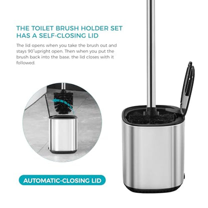 Toilet Brush Holder Set Toilet Bowl Brush Stainless Steel Automatic Open lid Toilet Bowl Cleaner Brush with Durable Bristle Head Toilet Cleaning Brush for Bathroom