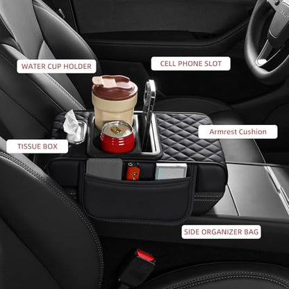 5 in 1 Nappa Leather Console Armrest Cover, Black | Built-in cup holder, tissue slot, phone holder & 2 storage pockets, practical car accessories fit SUV sedan truck
