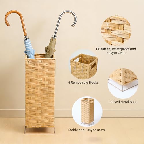 Umbrella Holder for Entryway - Handwoven Rattan Umbrella Stand Indoor with Water Reservoir Base, Durable Metal Hooks & Drip Tray, Stylish Umbrella Basket and Umbrella Storage Bucket