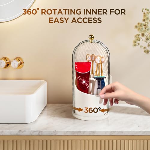 3 Slots Rotating Toothbrush Holders with Lid for Bathroom | Coverd Tooth Brush Holders for Countertop, Concealed Makeup Brush Holder, Toothpaste Holder-White