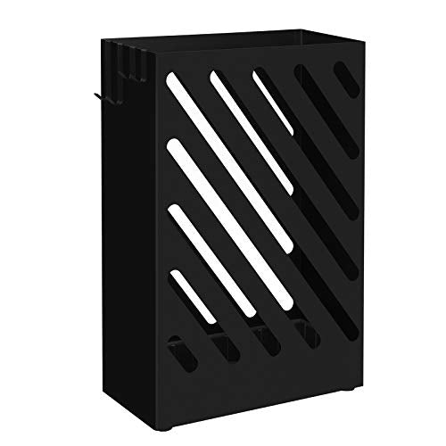 SONGMICS Metal Umbrella Stand, Rectangular Umbrella Holder Rack, with a Removable Drip Tray, 4 Hooks, Hollow-Out Design, for Entryway, Office, Black ULUC03BK