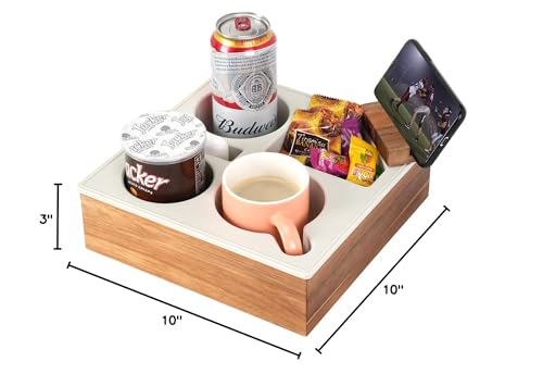 Couch Cup Holder Tray, Handy Soft Silicone Acacia Wooden Couch Caddy for Bed Car Seat Beach Organizer, Waterproof Anti-Spill Sofa Cup Holder for Snacks Beverage Remote (White)
