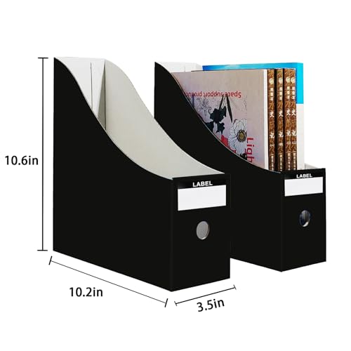 Limitliho 6 Pack Black Cardboard Magazine Holder for Desk or Shelves | 10.6''H×10.2'L×3.5''W Magazine File Holder, Vertical Book Bins for Classroom and Library, Magazine Storage Box with Label