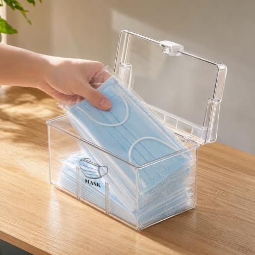 Face Mask Dispenser Box with Handle Countertop Mask Storage Box Holder Dust-Proof Mask Storage Case for Disposable Emesis Bag, Shoe Cover and Hairnet for Home Office Car Clear