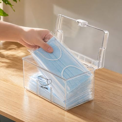 Face Mask Dispenser Box with Handle Countertop Mask Storage Box Holder Dust-Proof Mask Storage Case for Disposable Emesis Bag, Shoe Cover and Hairnet for Home Office Car Clear