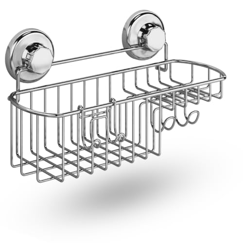 HASKO Suction Cup Shower Caddy Basket for Shampoo, Shower Suction Shelf Organizer, Basket with Soap Holder and Hooks, Stainless Steel Shampoo Holder for Bathroom Storage, Chrome