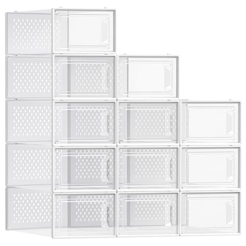 SONGMICS Shoe Boxes, Pack of 12 Shoe Storage Organizers, Stackable Clear Plastic Boxes for Closet, Sneakers, 13.1 x 9.1 x 5.6 Inches, Transparent and White ULSP12SWT