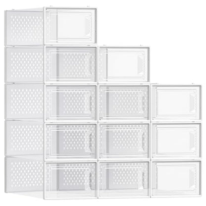 SONGMICS Shoe Boxes, Pack of 12 Shoe Storage Organizers, Stackable Clear Plastic Boxes for Closet, Sneakers, 13.1 x 9.1 x 5.6 Inches, Transparent and White ULSP12SWT