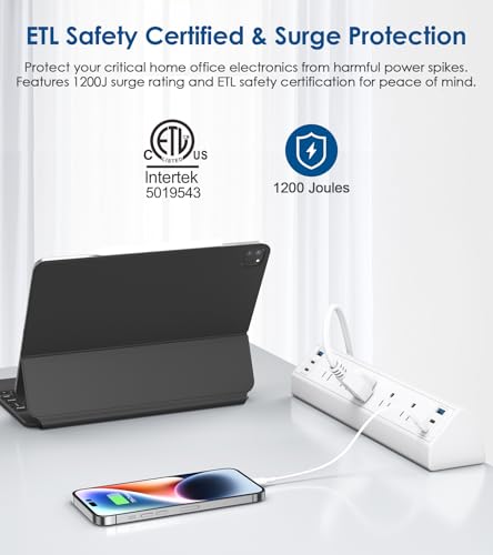 Jgstkcity Desk Clamp Power Strip USB C,Table Surge Protector | 1200J,Total 40W Charging Hub,5 Outlets & 6 USB,6FT Extension Cord,Fits 1.96" Desktop Edge,Office,Gaming,Dorm,White