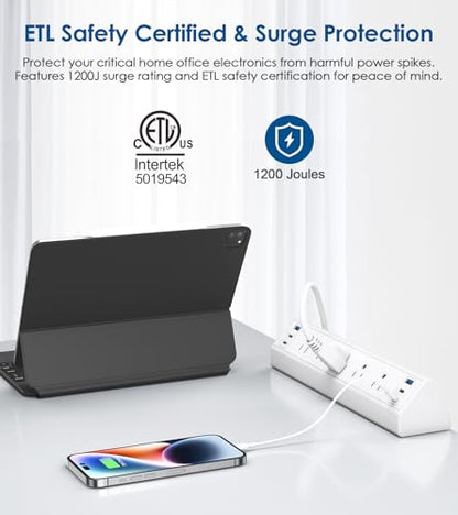Jgstkcity Desk Clamp Power Strip USB C,Table Surge Protector | 1200J,Total 40W Charging Hub,5 Outlets & 6 USB,6FT Extension Cord,Fits 1.96" Desktop Edge,Office,Gaming,Dorm,White