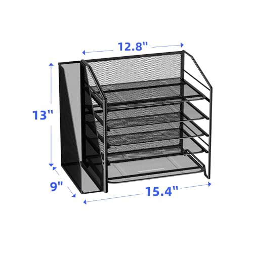 Simple Trending 5-Tier Desk File Organizer, Paper Organizer, Black | Adjustable Letter Trays, Side File Shelf，Durable Steel Mesh, Space Saving, for Home Office, 15.4"L x 9"W x 13"H