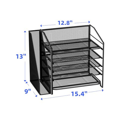 Simple Trending 5-Tier Desk File Organizer, Paper Organizer, Black | Adjustable Letter Trays, Side File Shelf，Durable Steel Mesh, Space Saving, for Home Office, 15.4"L x 9"W x 13"H