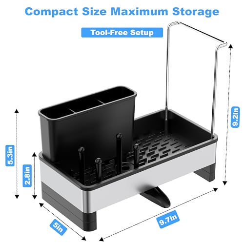 Sponge Holder for Kitchen Sink Caddy Organizer, Dish Brush Holder | Stainless Steel Sponge Caddy for Kitchen Countertop Organizer, Rustproof Dish Soap and Sponge Rack with Dishcloth Drying Rack