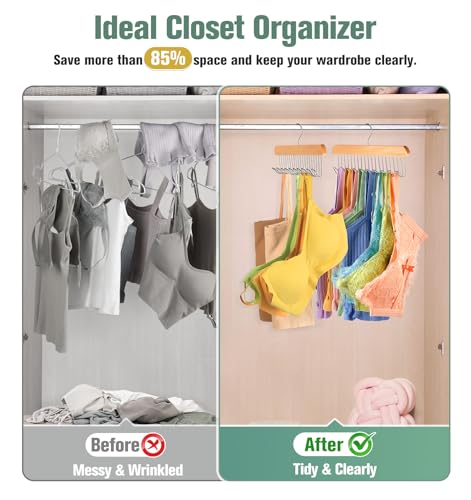 4 Pack Bra Hangers for Closet Organizer, Wood Tank Top Hangers Space Saving | Large Capacity Non-Slip Bra Organizer, Multi Hangers with 10 Hooks, Fits for Belt, Tie, Tank Top, Necklaces, Wooden Color