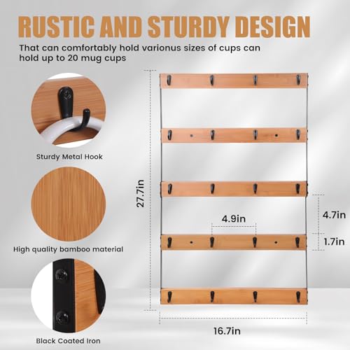 Wall Mounted Coffee Mug Holder, Large 5 Tier Shelf with 20 Hooks for Cups, Rustic Wooden Display Rack for Kitchens, Homes and Bars (Bamboo)