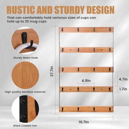 Wall Mounted Coffee Mug Holder, Large 5 Tier Shelf with 20 Hooks for Cups, Rustic Wooden Display Rack for Kitchens, Homes and Bars (Bamboo)