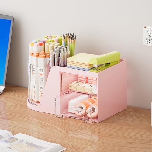 Marbrasse Desk Organizer with 2 Drawer, 360°Rotating Pen Holder, Desk Organizers and Accessories with 6 Slots Pencil Organizer + 2 Drawer, Art Supply Storage Box Caddy for Office (Pink)