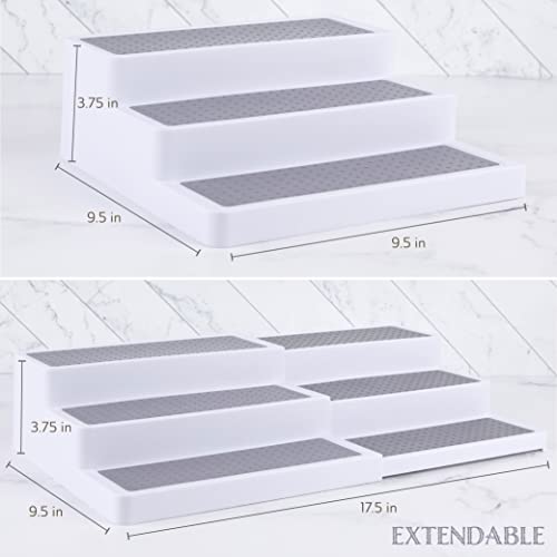 Oizeir Plastic 3-Tier Expandable Spice Rack, Adjustable Length, Stability with Non-Skid Shelf, For Easy Visibility, Organizer for Kitchen Cabinet, Pantry or Countertop, (2-Pack), White/Grey