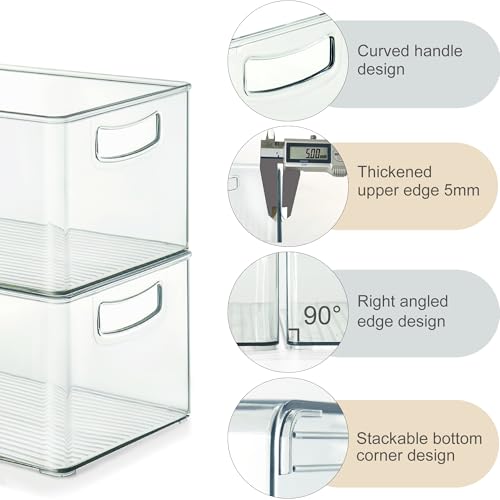 8 PACK Freezer Organizer Bins Fridge Organizers and Storage Stackable Refrigerator Organizers Bins with Side Handles Clear Storage Bins for Pantry, Under Sink, Kitchen Cabinet