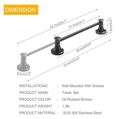 Towel Racks for Bathroom Wall Mounted Bath Towel Bar Oil Rubbed Bronze | Adjustable 16-26 In, Wall Mounted Towel Holder, Stainless Steel, Rustproof, Towel Bar Rod Hanger Hardware Accessories Hotel