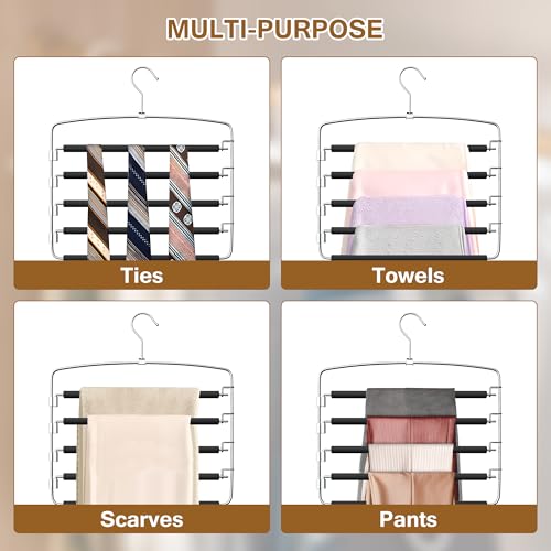 Pants Hangers Space Saving, 2 Pack Anti-Slip Space Saving Hangers, 5 Layer Swing Arm Pants Hanger Stainless Steel with Non-Slip Padding, Closet Organizers & Storage for Pants Trousers Jeans