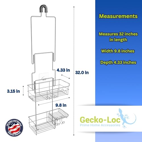 Extra-Long Adjustable Over-the-Showerhead Shower Caddy – Rustproof Stainless Steel Organizer with Suction Stabilizer, Deep Basket & Hooks – No-Drill, Tool-Free Installation (Silver)