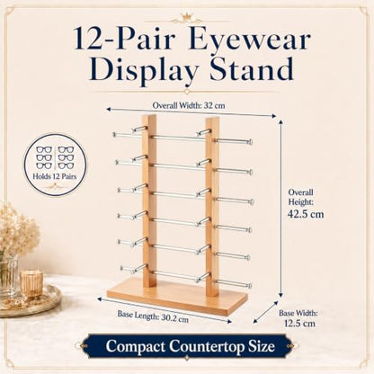 Sunglasses Display Stand, Eyewear Organizer Rack,12 Pair | Beechwood Color, Double-tower Countertop Glasses Holder, Eyeglass Display for Retail Shop, Boutique, Trade Show and Home