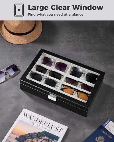 ProCase 8/16 Slots Sunglasses Organizer Box with Clear Glass Lid & Lock, PU Glasses Storage Display Case with Tilted Dividers
