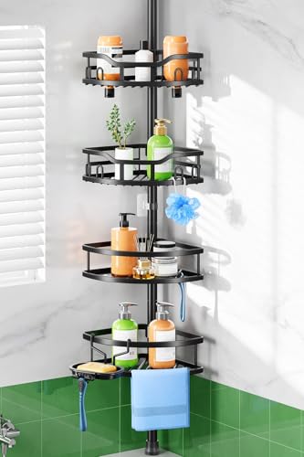 HAMITOR Shower Caddy Tension Pole: Rustproof Quick Install Corner Bathroom Organizer Shelf on Floor for Renters - 4-Tier Large Capacity Storage Rack with Soap Holder for Apartment -47-121 Inch/Black