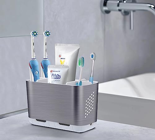 Electric Kids Toothbrush Holders for Bathrooms (Brushed Nickel Silver) | 5 Slots Toothbrush Organizer with Adjustable Dividers and Drainage, for Bathroom Countertop Organizer