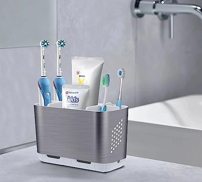 Electric Kids Toothbrush Holders for Bathrooms (Brushed Nickel Silver) | 5 Slots Toothbrush Organizer with Adjustable Dividers and Drainage, for Bathroom Countertop Organizer