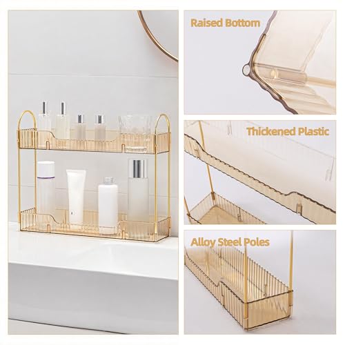 YCIA&DONE 2 Tiers Narrow Vanity Makeup Organizer, Bathroom Organizers Countertop Slim, Perfume Holder Skincare Storage Cosmetic Shelf Spice Rack, for Small Desktop Counter Space, Amber Gold