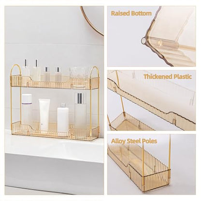YCIA&DONE 2 Tiers Narrow Vanity Makeup Organizer, Bathroom Organizers Countertop Slim, Perfume Holder Skincare Storage Cosmetic Shelf Spice Rack, for Small Desktop Counter Space, Amber Gold