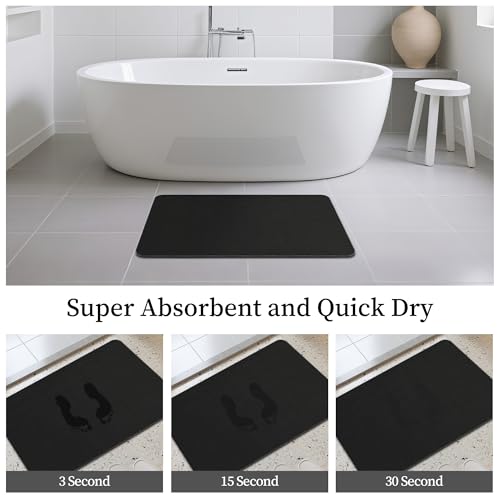 THMINS Black Stone Bath Mat, 24''x16'' Stone Shower Mat | Diatomite Stone Bath Mat, Super Absorbent, Quick-Drying, Non-Slip, and Easy to Clean for Bathroom