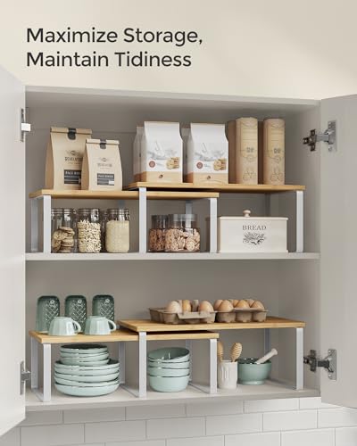 SONGMICS Cabinet Organizer Shelf, Set of 4 Kitchen Counter Shelves, Kitchen Storage, Spice Rack, Stackable, Expandable, Metal and Engineered Wood, Cloud White and Natural Beige UKCS210W01