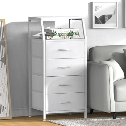 4 Drawers Small Fabric Dresser for Bedroom, Tall Dorm Nightstand | Vertical Storage Tower Closet Organizer, Skinny Narrow Bedside Table for Entryway, Steel Frame, Wooden Top