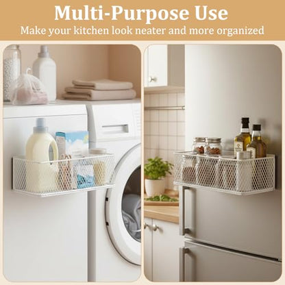 Magnetic Washer Shelf Organizer, White Magnetic Wire Basket with Strong Magnets, Metal Storage Shelf for Refrigerator, Washing Machine, Dryer, Kitchen and Laundry Room