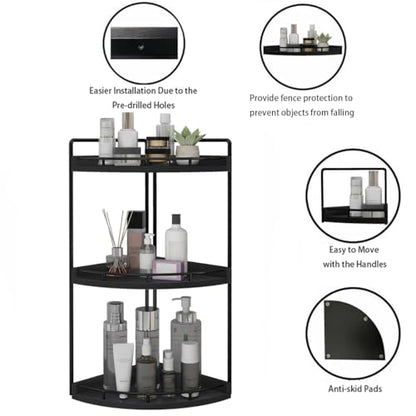 Dorhors Corner Bathroom Organizer Countertop,Vanity Counter Storage Shelf | 3 Tier Black Stand Rack Holder for Kitchen,Dresser,Restroom,Wood Bathroom Sink Tray for Makeup,Perfume,Skincare,Lotion