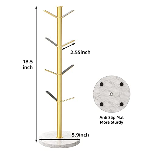 Gold Mug Holder Tree with Marble Base, 8 Hooks Standard Coffee Cups | Mug Holder Stand, Small Mug Rack for Kitchen Cafe Counter