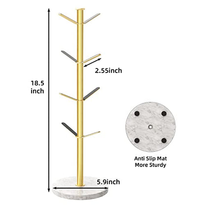 Gold Mug Holder Tree with Marble Base, 8 Hooks Standard Coffee Cups | Mug Holder Stand, Small Mug Rack for Kitchen Cafe Counter