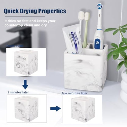 Diatomite Toothbrush Holders Tooth Brush Organizer, 2 Pack, Marble White | Water-Absorbent Material, 3 Slots for Electric Toothbrush and Toothpaste, for Bathroom Countertop, Shower, Vanity