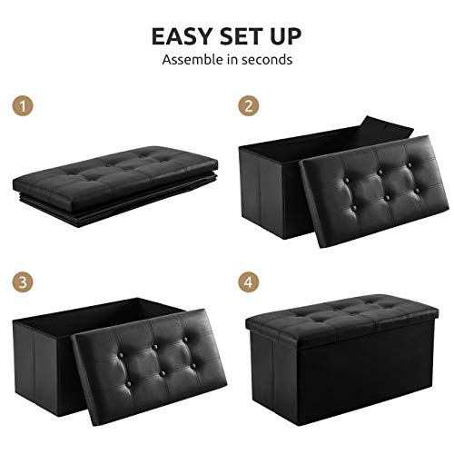 YOUDENOVA 30" Ottoman with Storage, Folding Faux Leather Bench, Black | Foldable ottoman with hidden storage, padded faux leather seat for living room, bedroom and entryway.