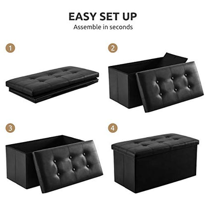 YOUDENOVA 30" Ottoman with Storage, Folding Faux Leather Bench, Black | Foldable ottoman with hidden storage, padded faux leather seat for living room, bedroom and entryway.