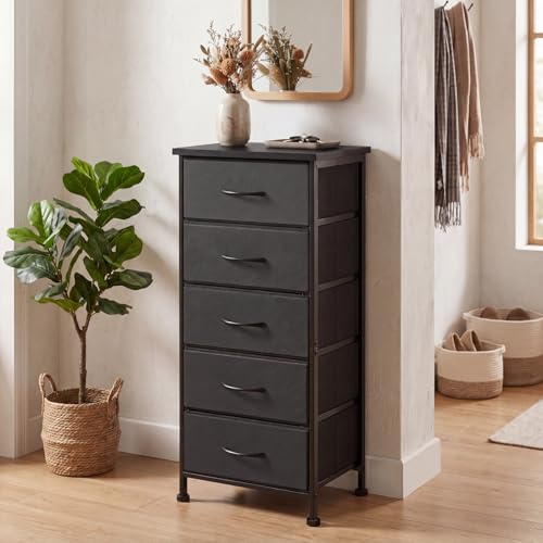 Fixwal Tall Skinny Dresser with 5 Fabric Drawers, Slim Dresser,Black | 33.8in height, 15.7in width, wooden top, breathable non-woven fabric, anti-tipping fittings, stable steel frame