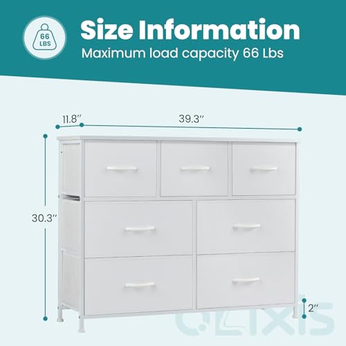 OLIXIS 7 Drawer Closet Organizer, Storage Tower with Sturdy Steel Frame | White Dresser for Bedroom, Wooden Top & Easy Pull Fabric Bins, Clothes Organization, Living Room Entryway