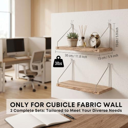 Fabric Wall Cubicle Shelf with Hooks for Work Decor, 11.8' Wooden Cubicle Organizer Storage Shelf with Hangers Cubicle Accessories for Women Men Desk, 2 Pack