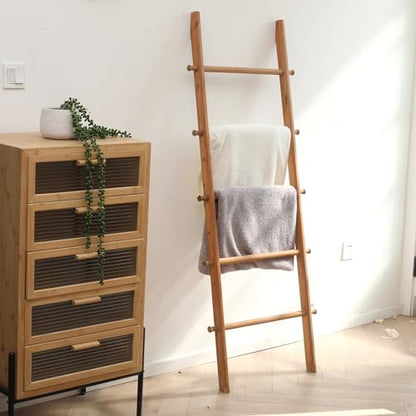 Blanket Ladder, 57in Rustic Extended Side Wood Decor Rack, Light Brown | 5 rungs, farmhouse quilt display holder, organize towel, hanging bags, leaning wall, bathroom and living room use