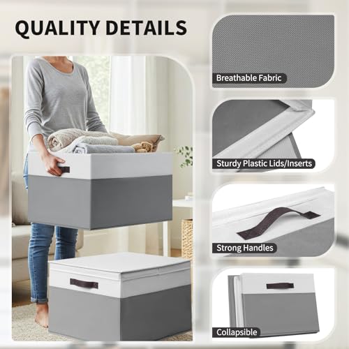 2 Pack EXTRA LARGE Blanket Storage Baskets with Lids, 22”x16”x12” Closet Organizers Bins for Clothes Towel/ Storage Box with Lid Handles/ Stackable Decorative Fabric Bins for Living Room, Nursery