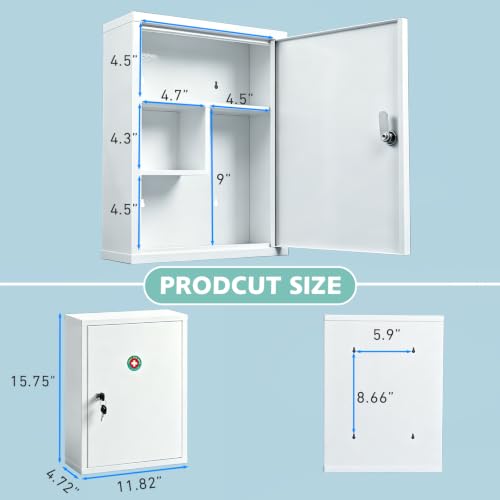 KYODOLED Wall Mount Locking Medicine Cabinet, Large Capacity First Aid Cabinet for Bathroom, Medicine Cabinet with Key, Secure Steel Lock Box for Medication, 15.75" H x 11.82" W x 4.72" D, White